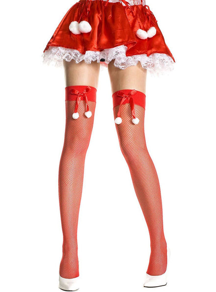 Women's Xmas Pom Pom Sexy Red Fishnet Thigh High Christmas Costume Stockings