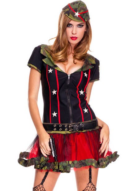 Women's Sexy Black and Red Frontline Army Costume - Close Up Image