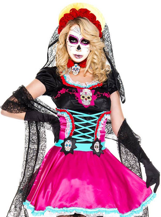 Sexy Day of the Dead Fancy Dress Costume for Women Close Front Image