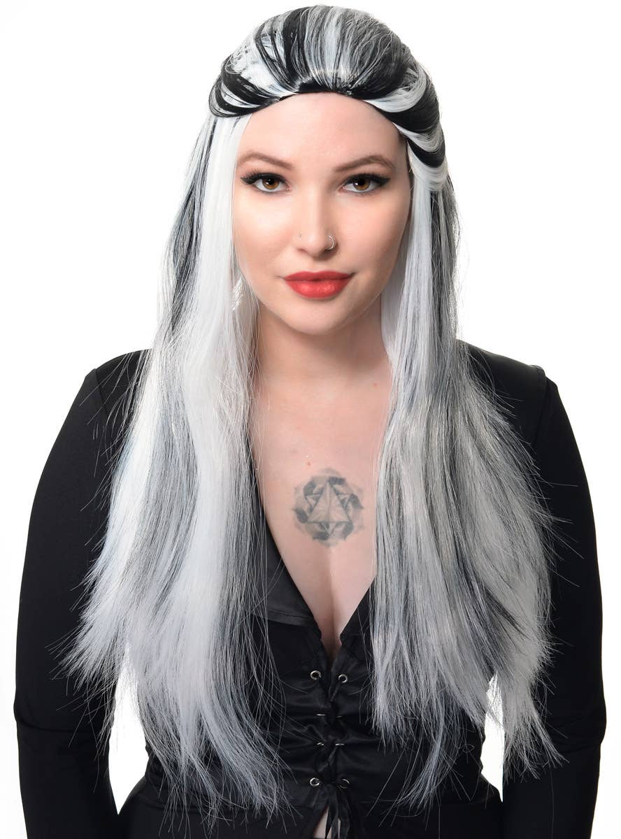 Image of Long White Women's Costume Wig With Black Streaks