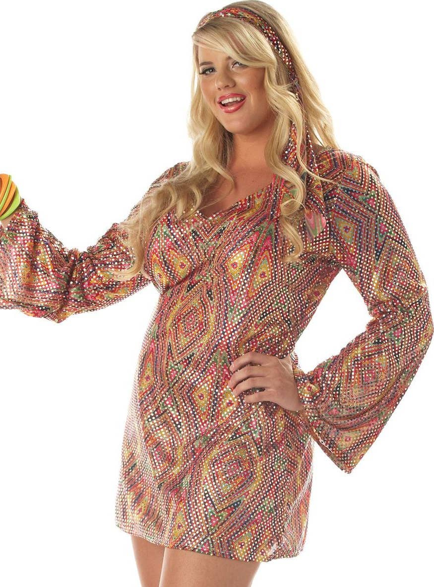 Womens Plus Size 70s Disco Costume - Close Up Image