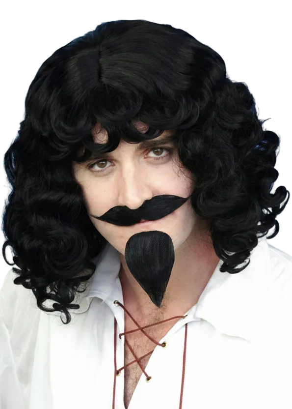 Mens Shoulder Length Curly Black Musketeer Costume Wig And Facial Hair Set - main image