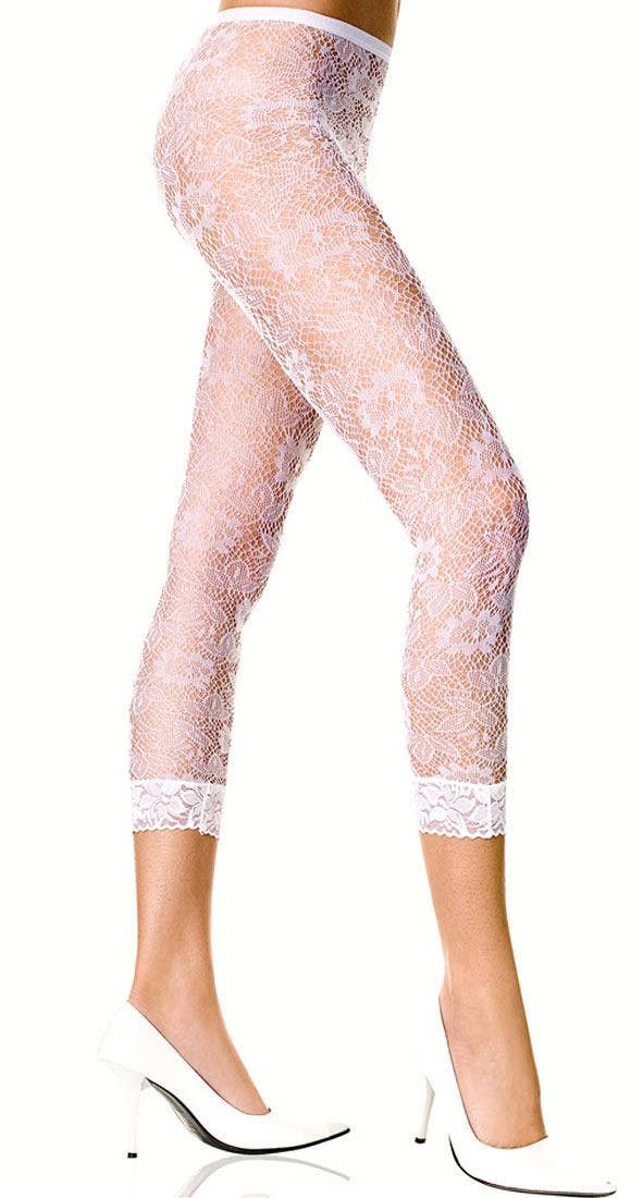 Three Quarter Length White Floral Lace Leggings