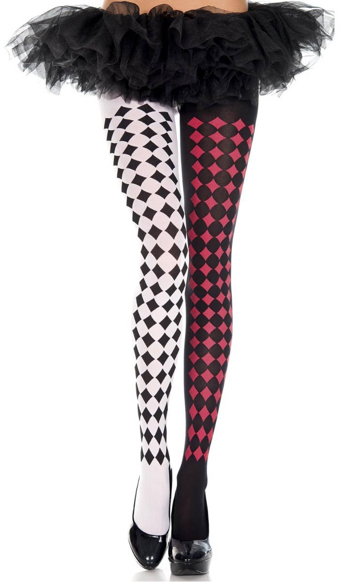 Women's Full Length Red and Black Harlequin Pantyhose Main Image