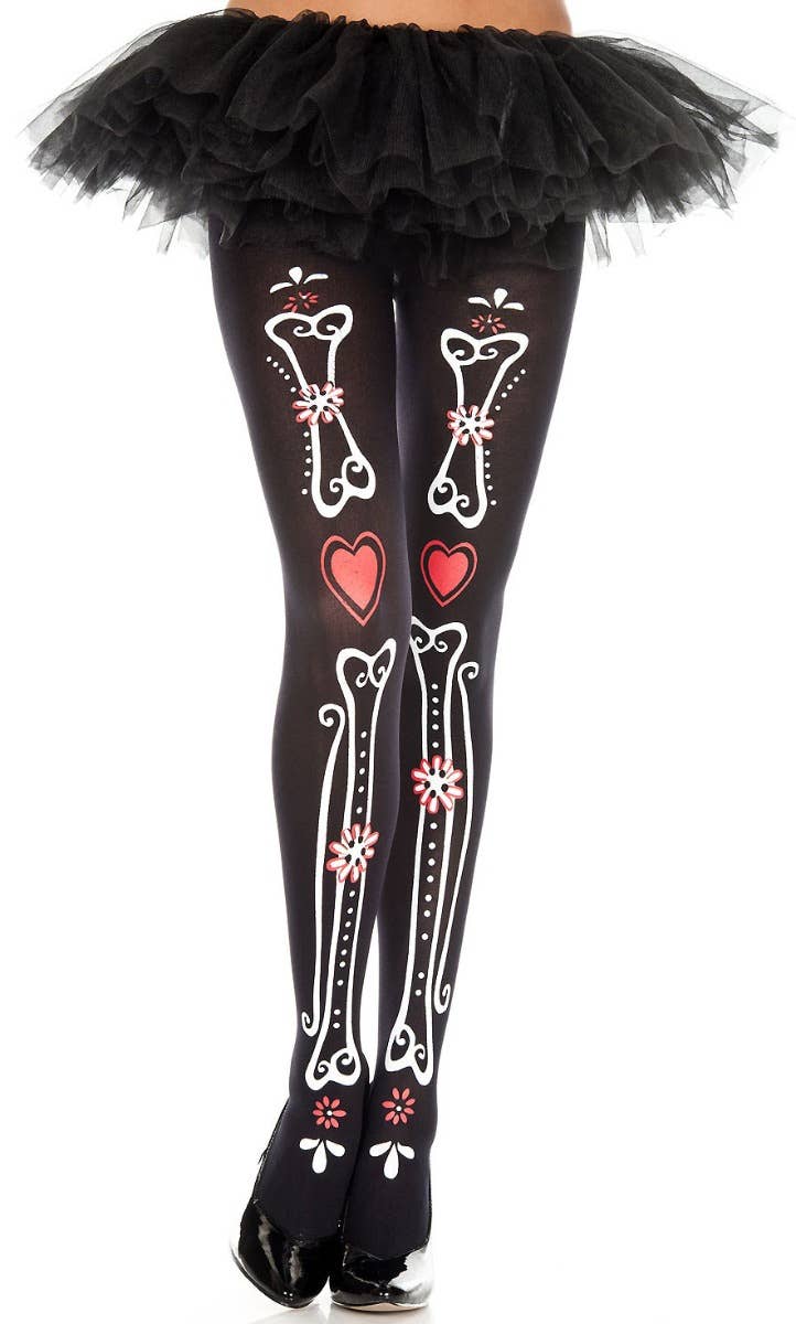 Women's Full Length Bone and Heart Print Day of the Dead Stockings Main Image