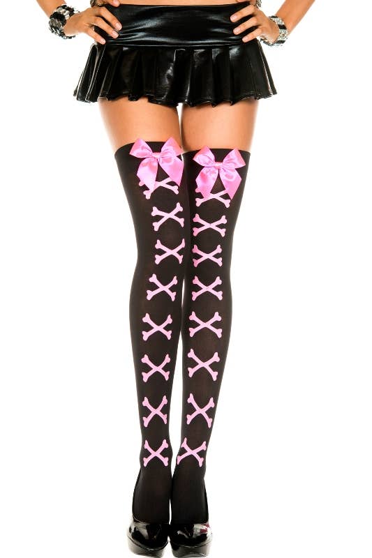 Women's Black Thigh High Stockings with Pink Bows and Crossbones