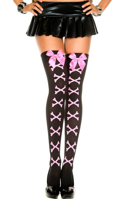 Women's Black Thigh High Stockings with Pink Bows and Crossbones