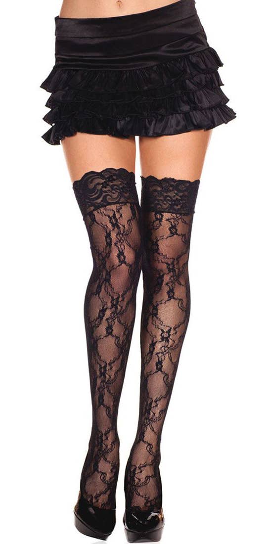 Thigh High Floral Lace Black Stockings