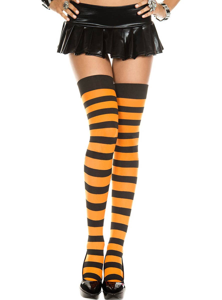 Black And Orange Striped Thigh High Witch Costume Stockings