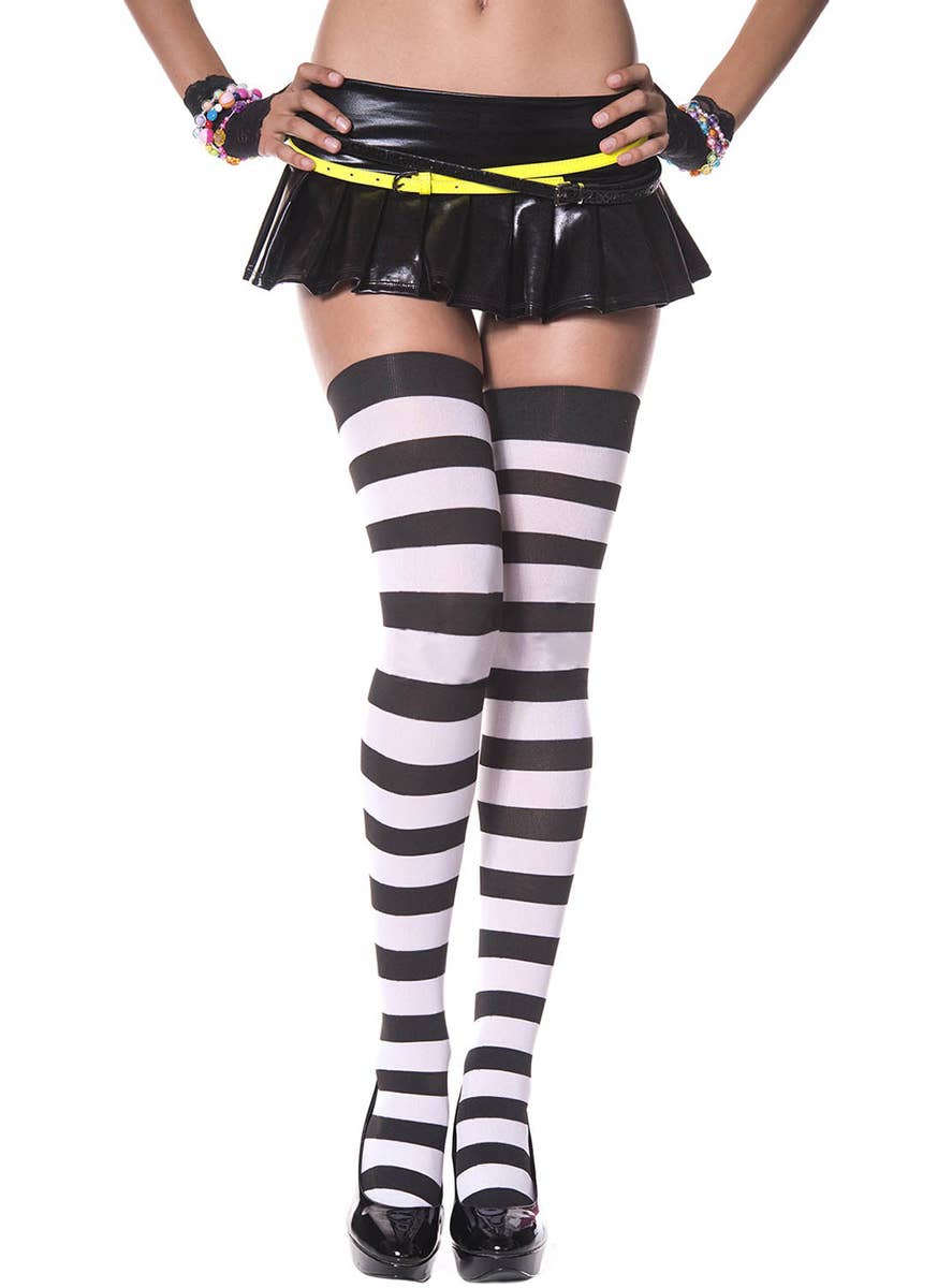 Women's Black And White Striped Thigh High Costume Stockings