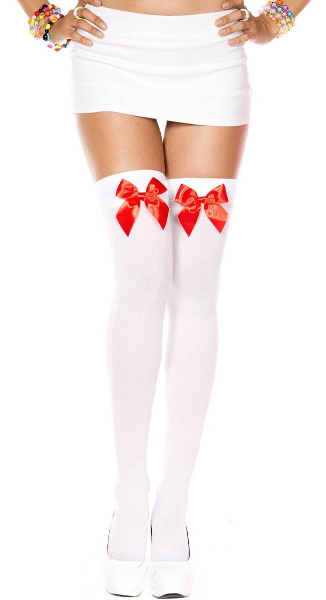 Women's White Opaque Thigh High Stockings with Red Satin Bows