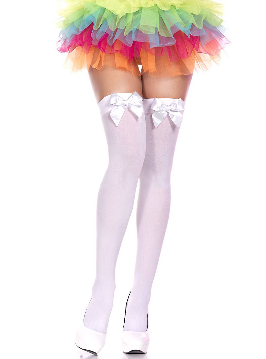 Women's White Opaque Costume Stockings With White Bows