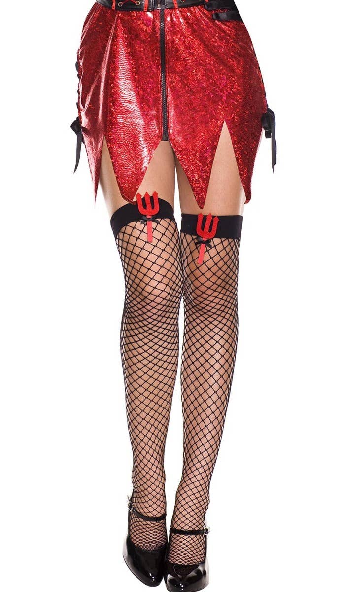 Women's Black Fishnet Thigh Highs with Devil Red Pitchfork Main Image