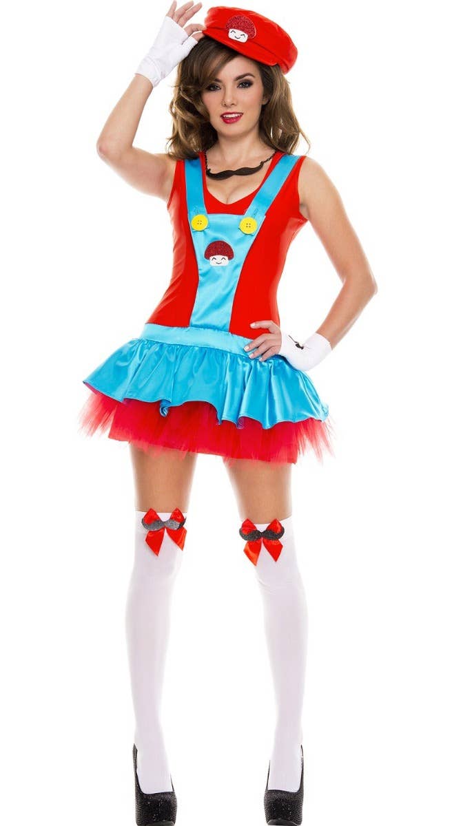 Women's Playful Plumber Sexy Mario Fancy Dress Costume Front Image