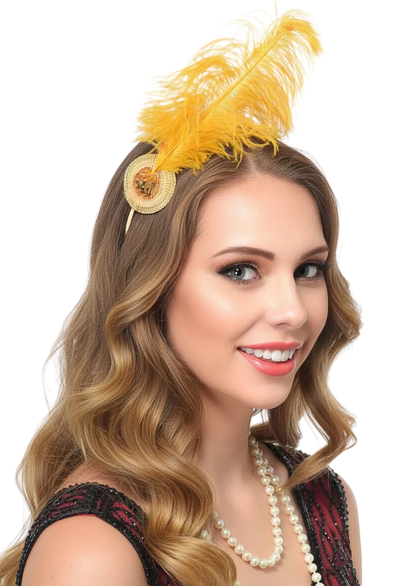 Yellow Feather 1920s Flapper Headband Costume Accessory - Main Image