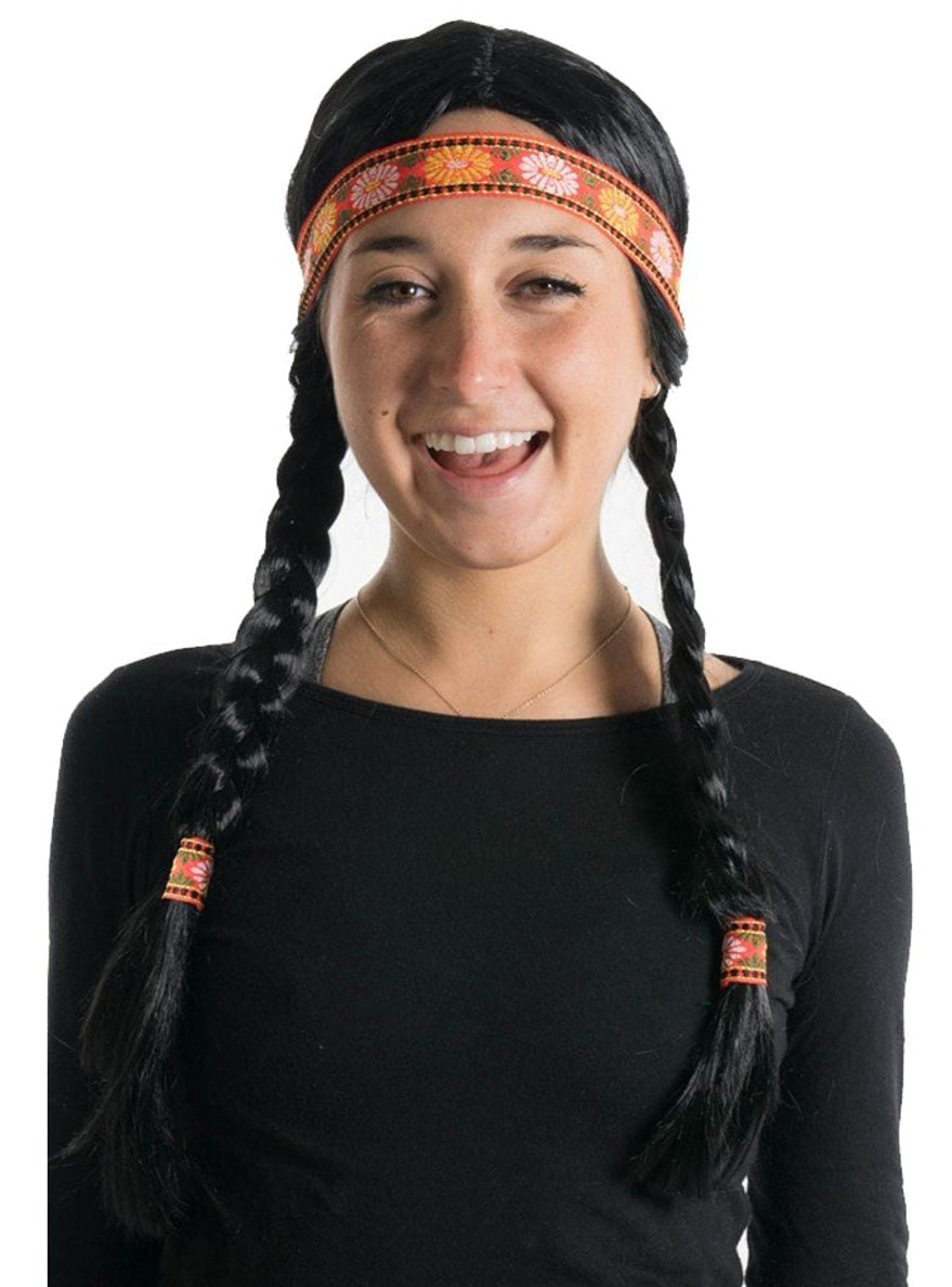 Native American Womens Black Plaited Costume Wig - Main Image