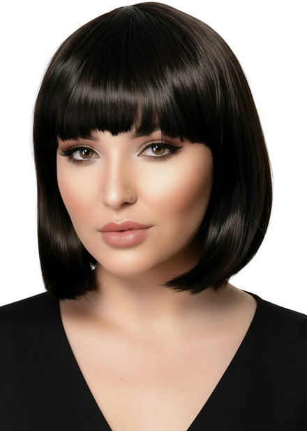 Womens Natural Black Short Bob Costume Wig with Fringe - Main Image
