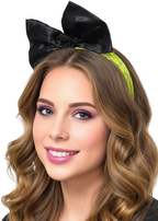 Neon Green 1980's Black Satin Bow on Lace Headband - Main Image