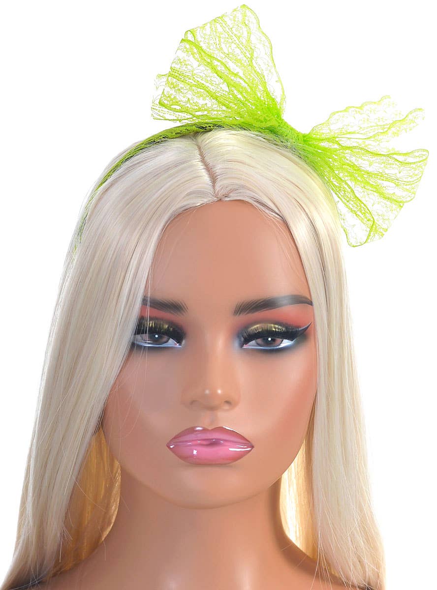 Image of Neon Green 1980's Lace Bow Costume Headband - Alternate Image