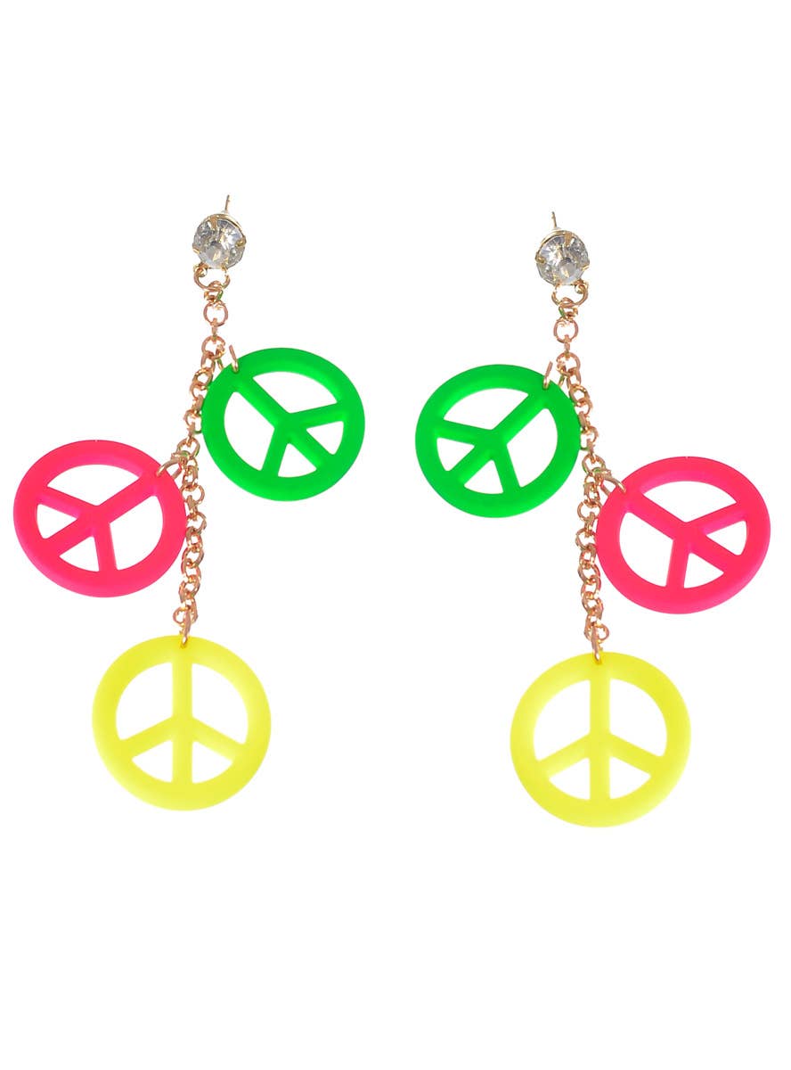 Triple Dangling Neon Peace Sign 1970's Costume Earrings