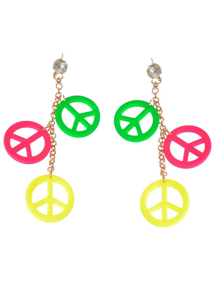 Triple Dangling Neon Peace Sign 1970's Costume Earrings