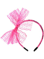 Image of 1980s Neon Pink and Black Lace Bow Costume Headband - Product Image