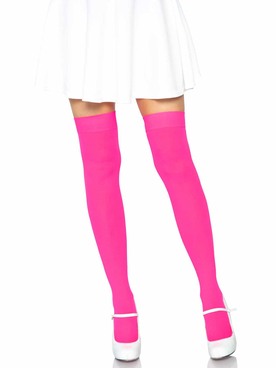 Neon Pink Opaque Thigh High Costume Stockings - Alternative Image