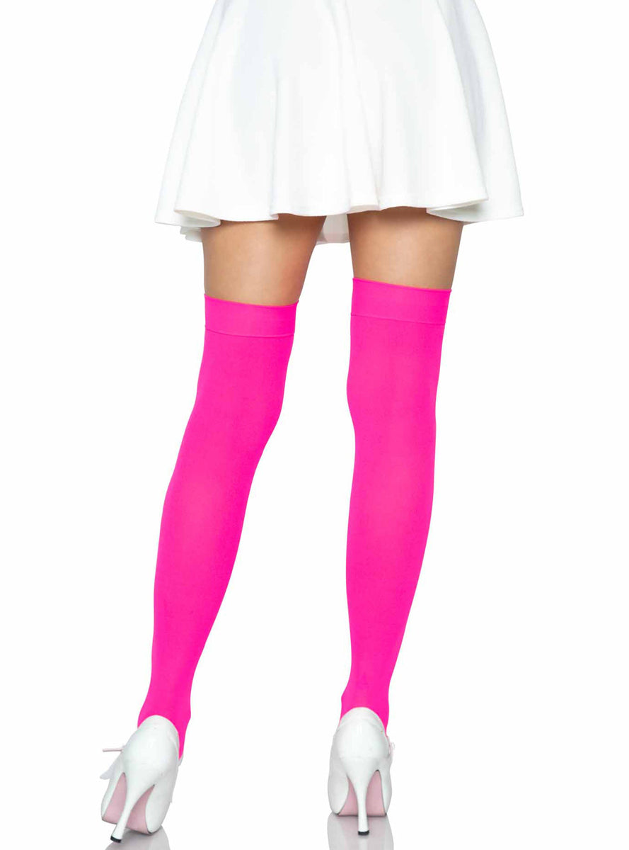 Neon Pink Opaque Thigh High Costume Stockings - Back Image