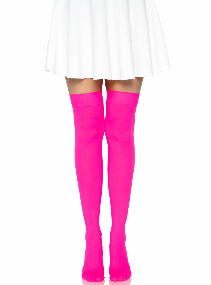 Neon Pink Opaque Thigh High Costume Stockings -Front Image