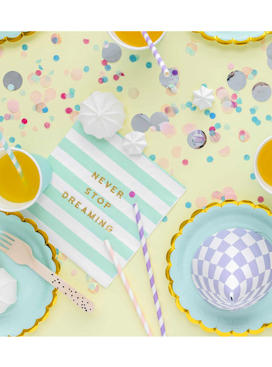 Never Stop Dreaming 20 Pack Green and White Striped Lunch Napkins - Lifestyle Image