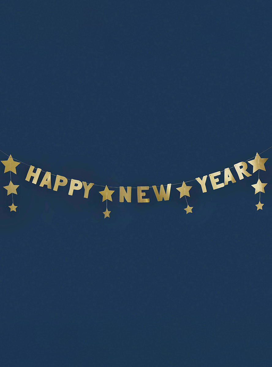 New Years Eve Gold Happy New Year 2 Metre Banner With Stars - Alternate Image