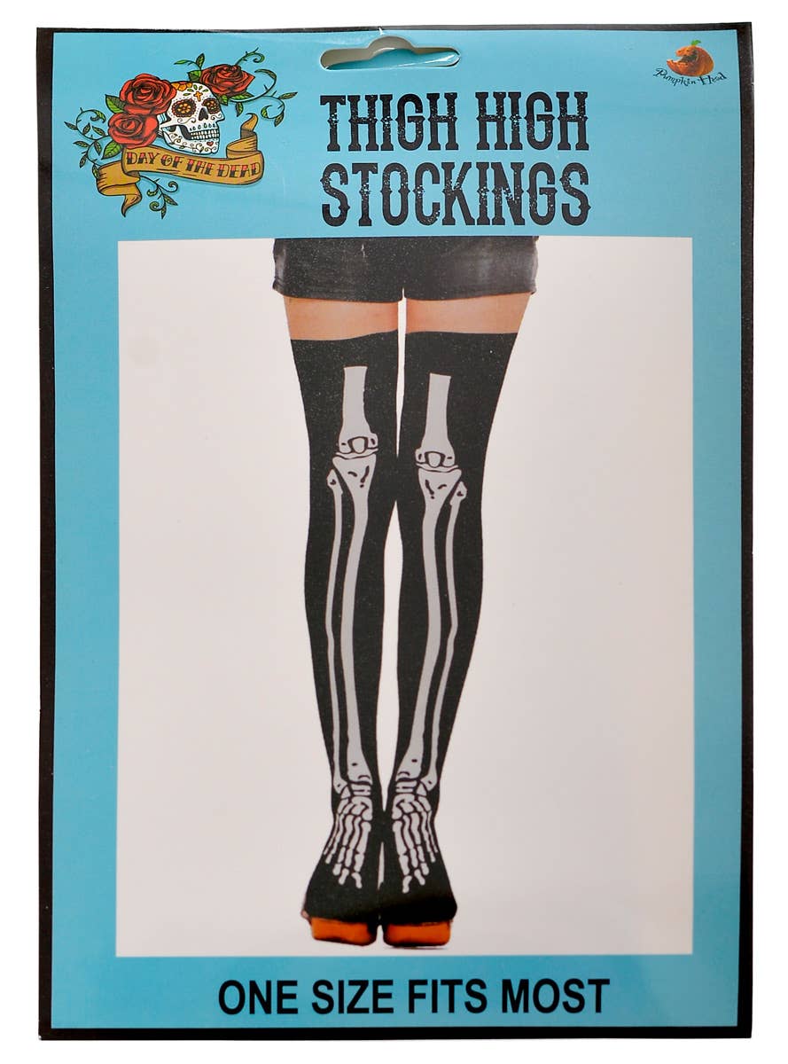 White Skeleton Print Black Thigh Highs