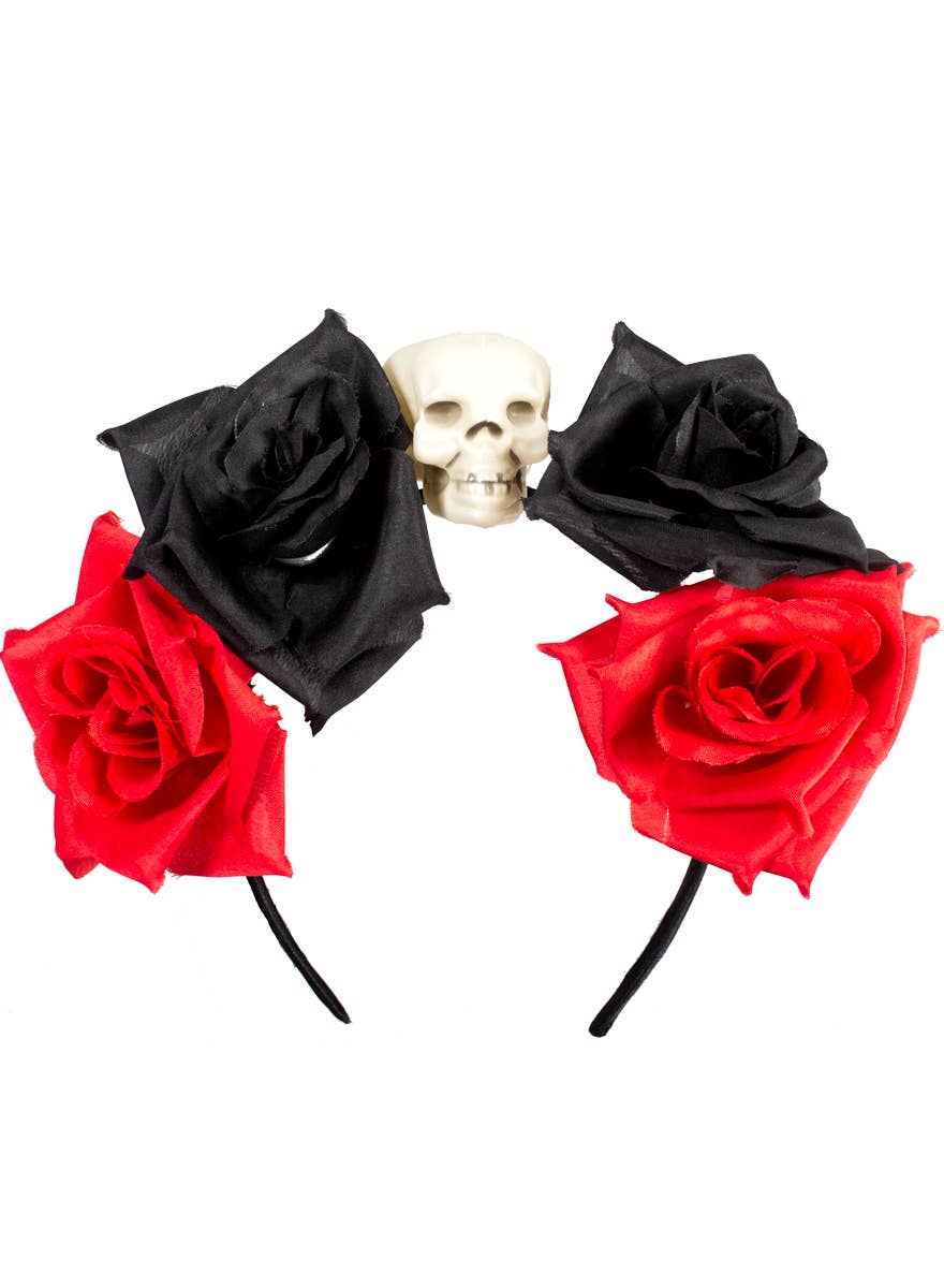 Red and Black Roses and Skull Day of the Dead Costume Headband - Main Image
