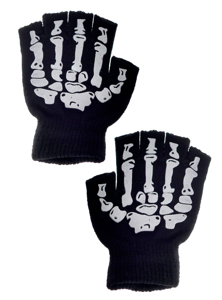 Men’s Black Skeleton Fingerless Gloves – White Bone Knit Wrist Length – Biker Skull Style