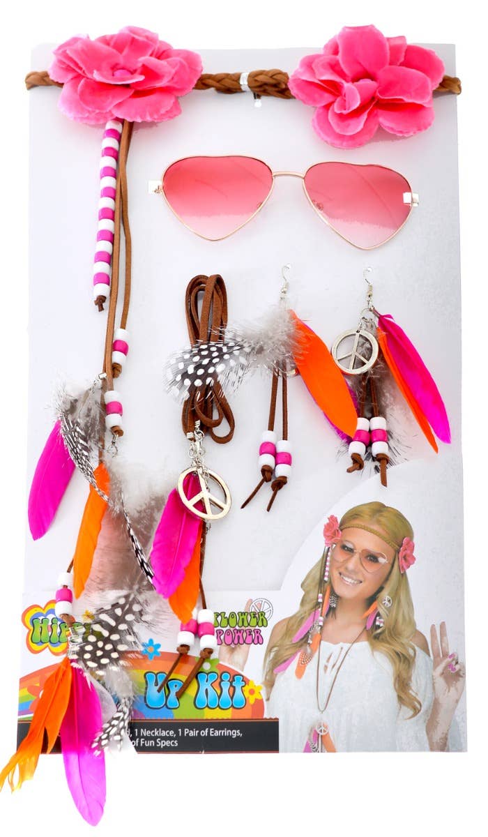 Pink Feathers Peace Signs Hippie Flower Power 1970's Costume Accessory Set Main Image