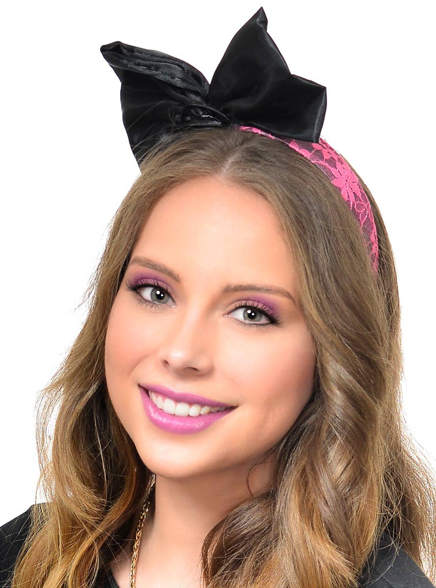 Neon Pink Lace and Black Satin Bow 1980s Costume Headband