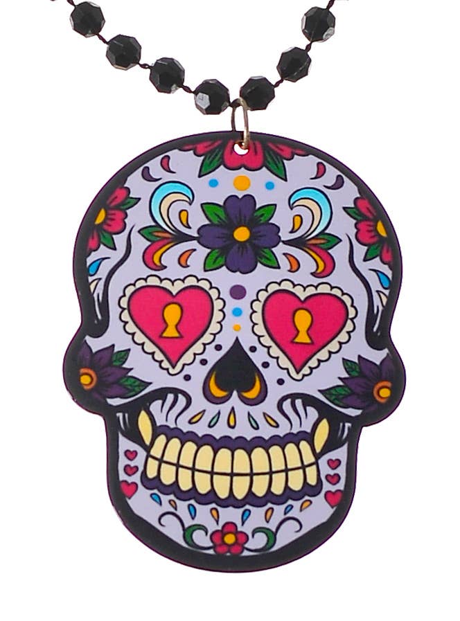 Day of the Dead 7cm Lavender Face Sugarskull Costume Accessory Necklace - Close Up  View