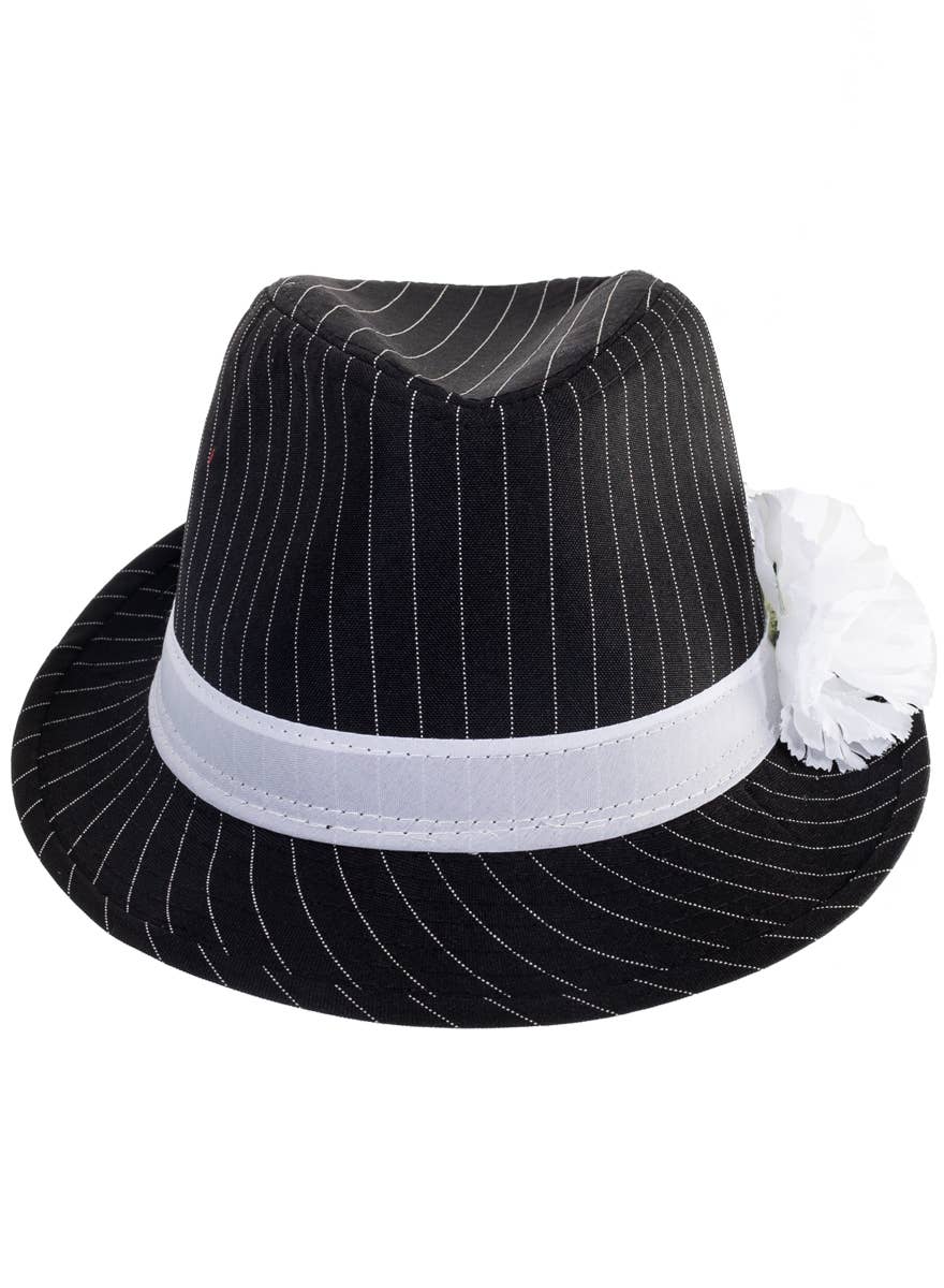Black 1920s Fedora with White Pinstripes and White Band - Alternate Image