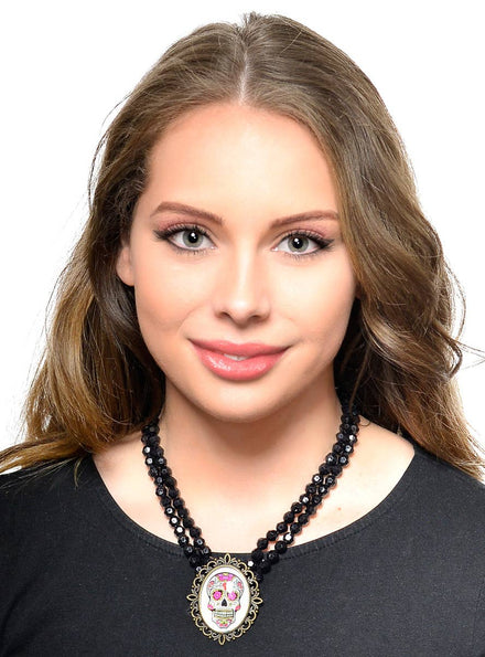 Double Stand of Black Beads with Day of the Dead Sugarskull Pendent
