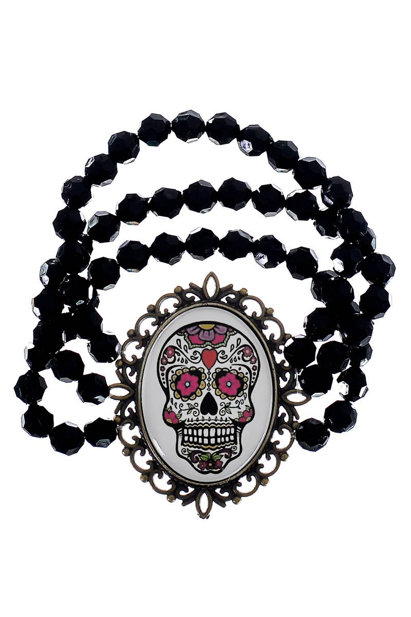 Sugar Skull Bracelet with Black Beads