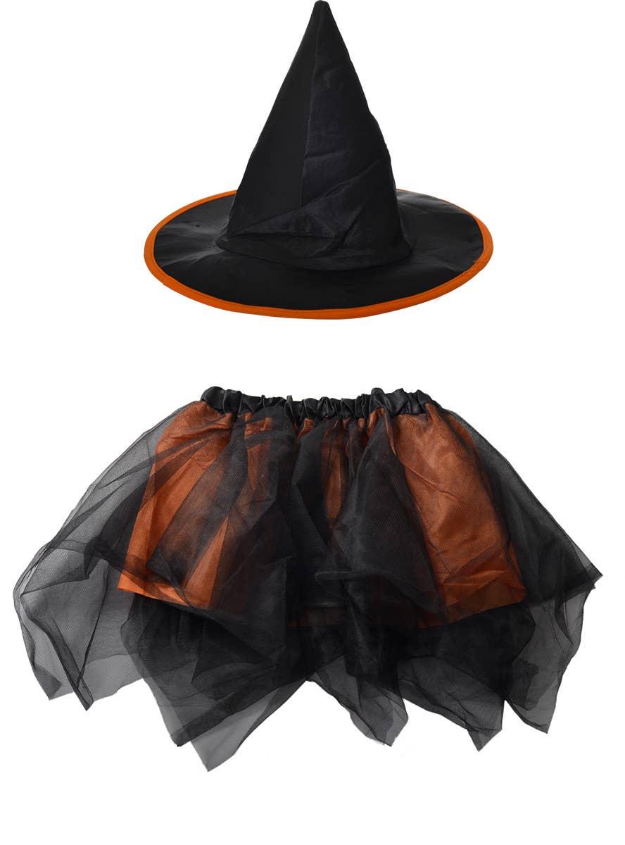 Girl's Black and Orange Halloween Witch Hat and Tutu Costume Accessory Set