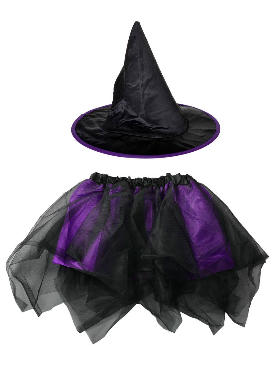 Girl's Black and Purple Halloween Witch Hat and Tutu Costume Accessory Set
