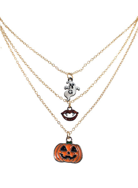 Triple Layer Gold Necklace with Halloween Charms