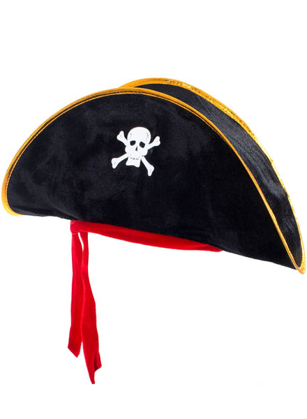 Black Red and Gold Pirate Hat with Skull and Cross-Bone