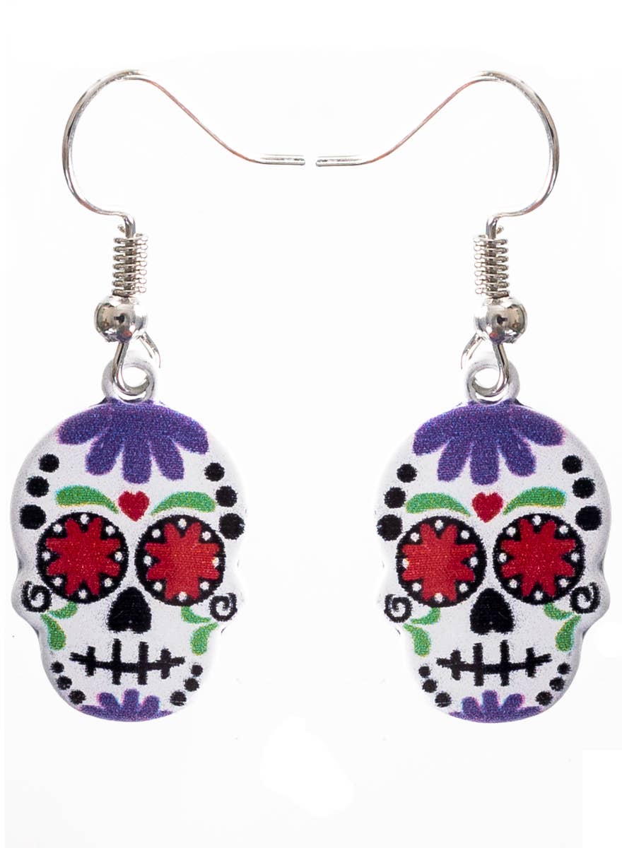 Purple and White Day of the Dead Sugar Skull Earrings