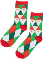 Red, Green and White Diamond Pattern Christmas Socks with Santas