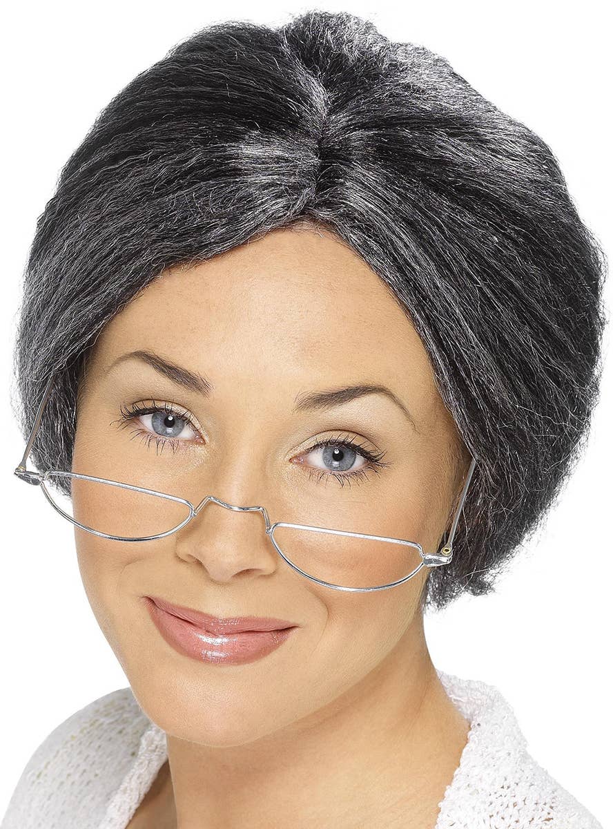 Image of Old Granny Women's Short Grey Bun Women's Costume Wig
