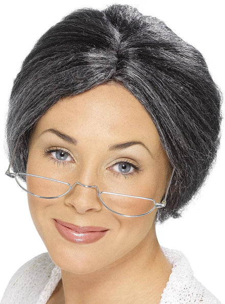 Image of Old Granny Women's Short Grey Bun Women's Costume Wig