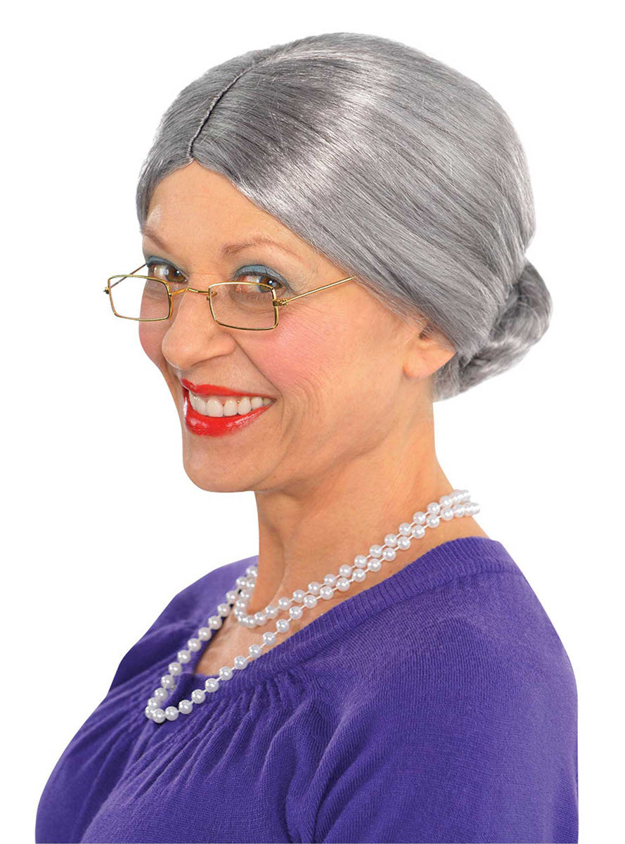Womens Grey Old Lady Bun Costume Wig