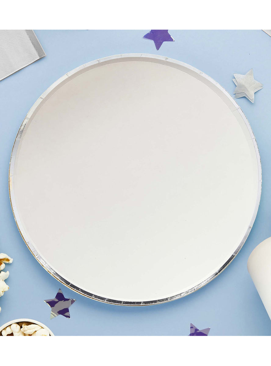 Ombre Metallic Silver and Grey 8 Pack 23cm Round Paper Plates – Lifestyle Image